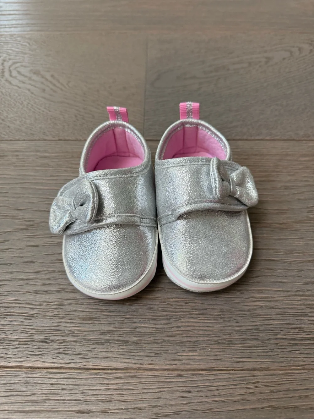 Lily & Dan Baby Silver Bow Slip-On Shoes with Pink Lining